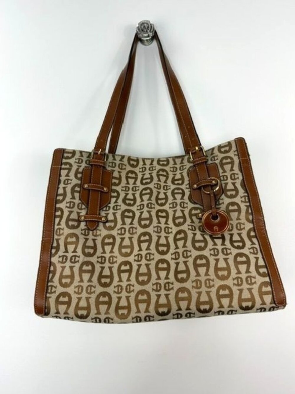 Etienne Aigner 36230 Logo Jacquard Canvas Tote Brown Trim Gold Hardware